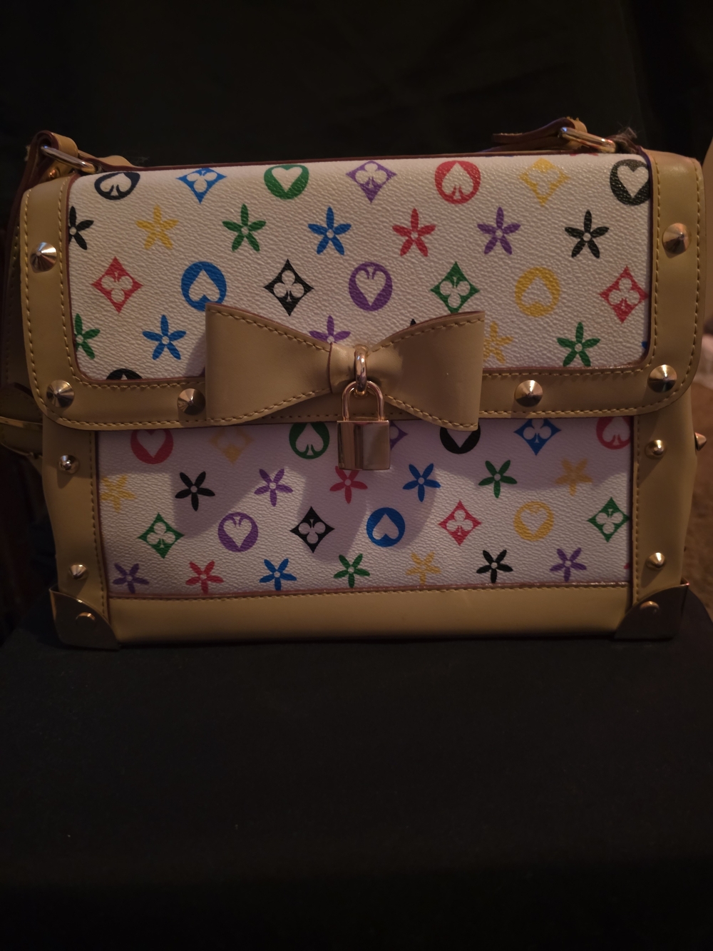 Multicolor Print White Satchel with Tan Trim and Bow Lock